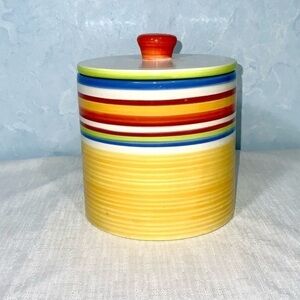 Clay Art “Calypso” Hand Painted Yellow Multicolor Stripes Stone Lite Canister 5”